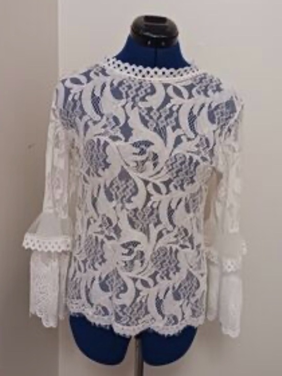 Wowo Tops - Women's White Lace Crochet Blouse with Tiered Bell Sleeves